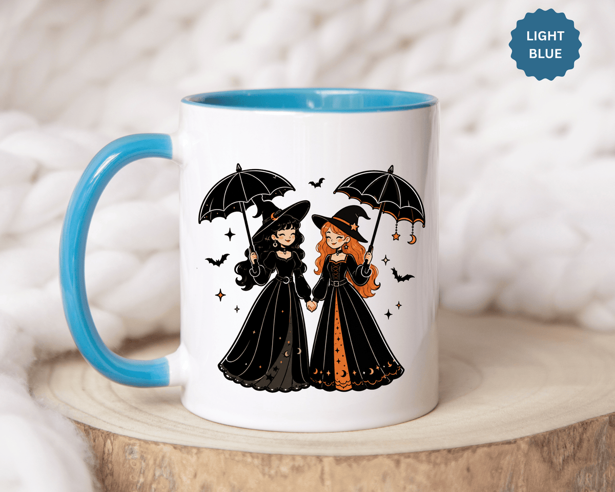 Witch Best Friends Mug, Gothic Halloween Black Accent Coffee Cup, Cute Matching Costume Gift for Bestie, Sister, Girlfriend or Partner