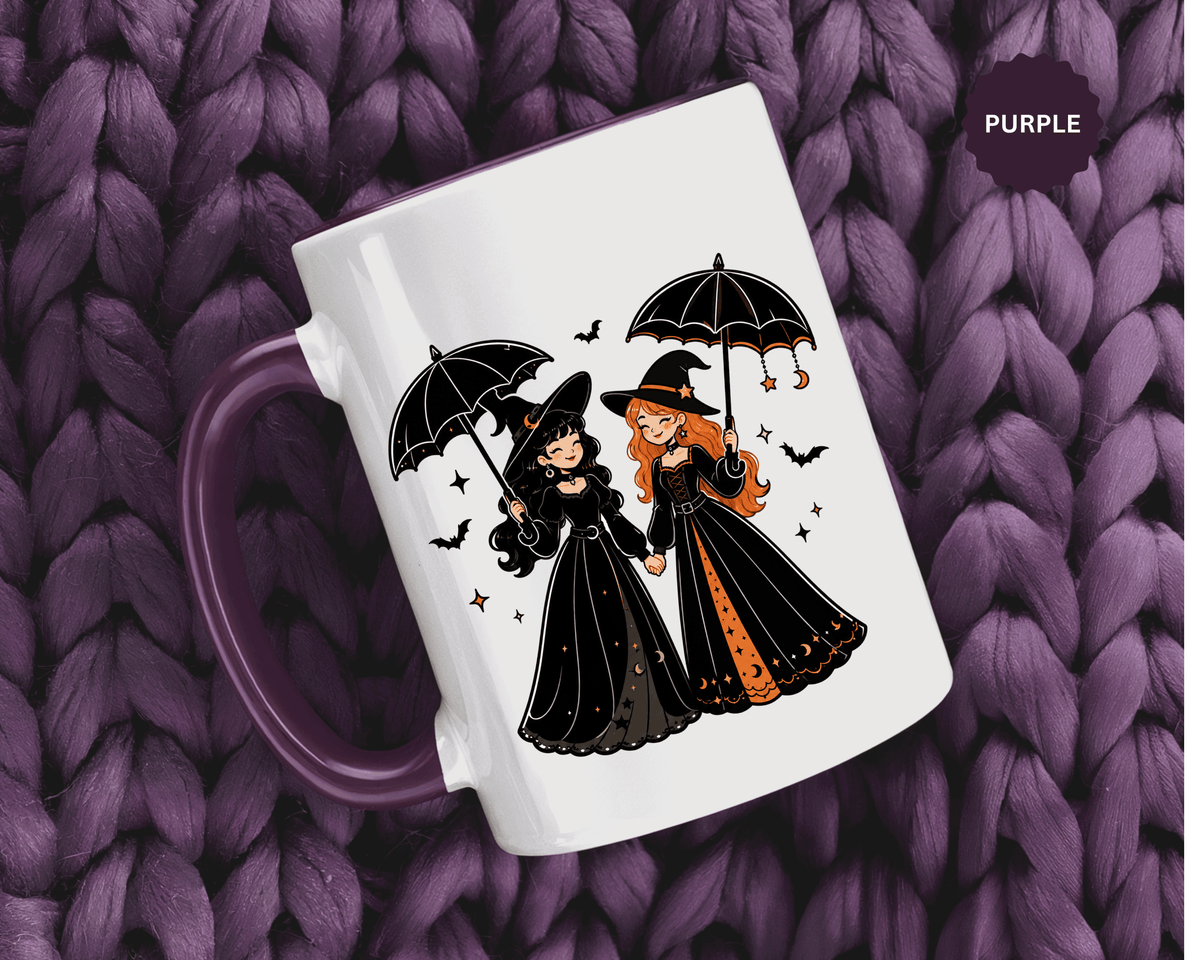 Witch Best Friends Mug, Gothic Halloween Black Accent Coffee Cup, Cute Matching Costume Gift for Bestie, Sister, Girlfriend or Partner