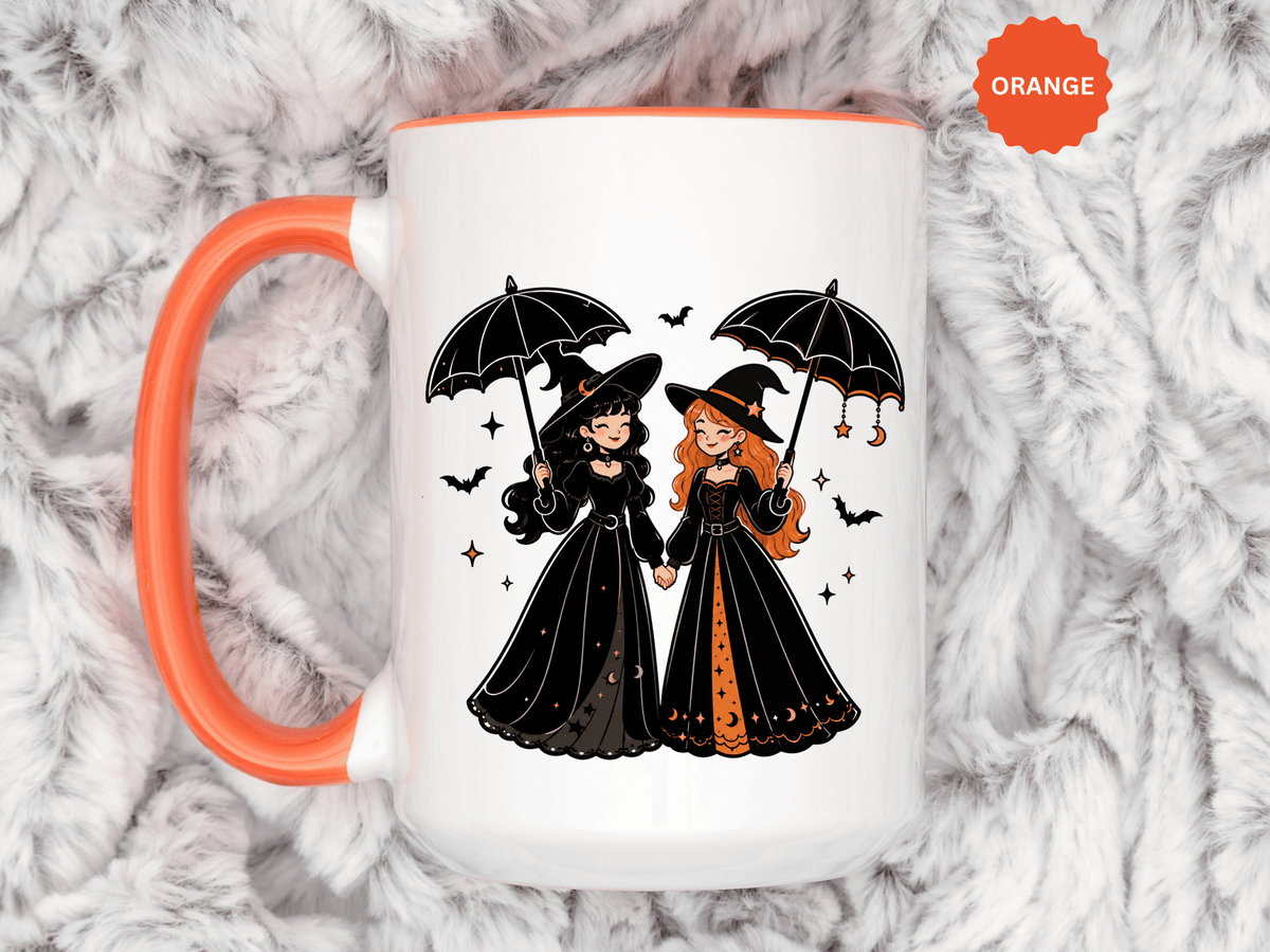Witch Best Friends Mug, Gothic Halloween Black Accent Coffee Cup, Cute Matching Costume Gift for Bestie, Sister, Girlfriend or Partner