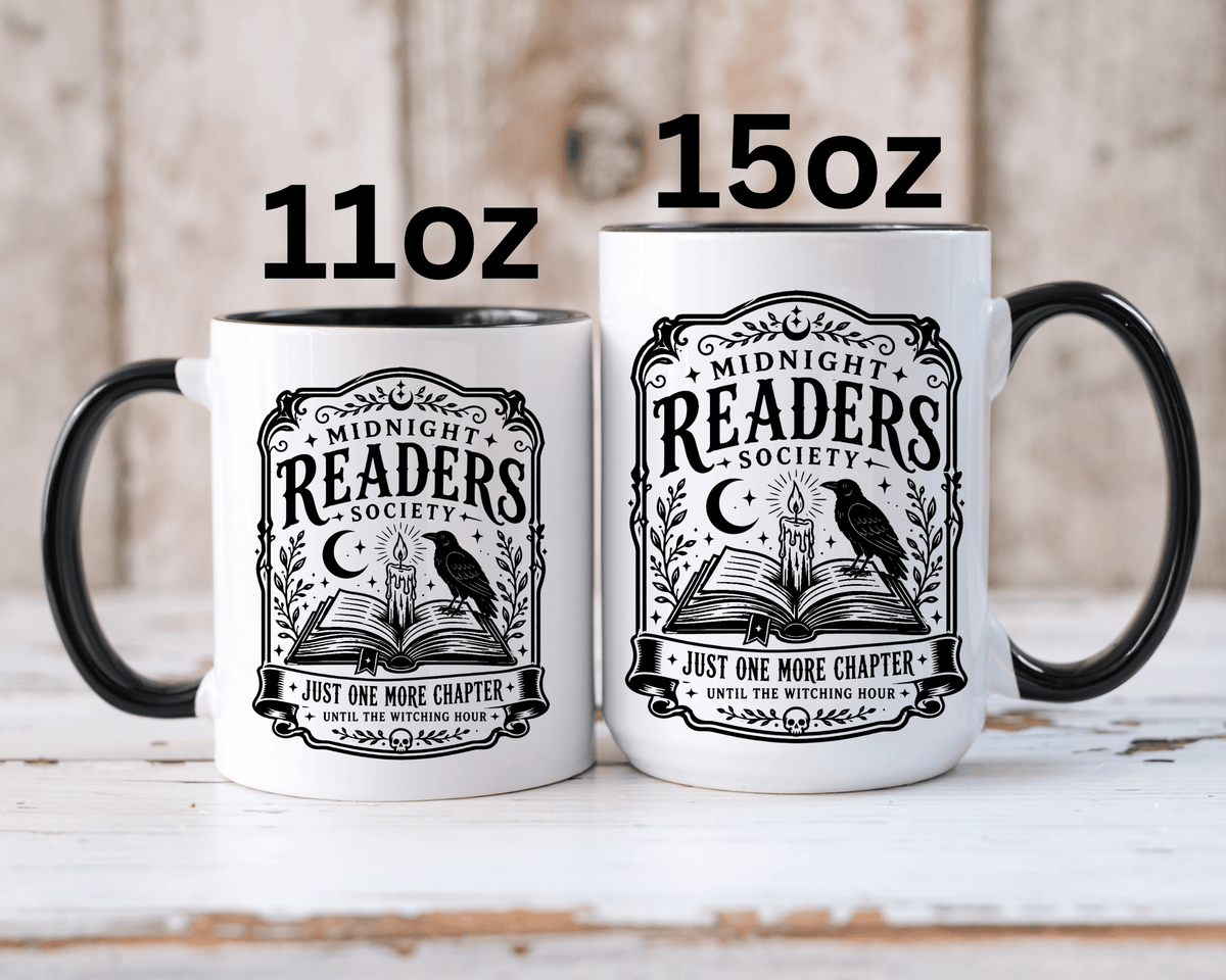 Midnight Readers Society Mug, Gothic Raven Book Black Accent Coffee Cup, Dark Academia Gift for Book Lover, Librarian or Night Reader