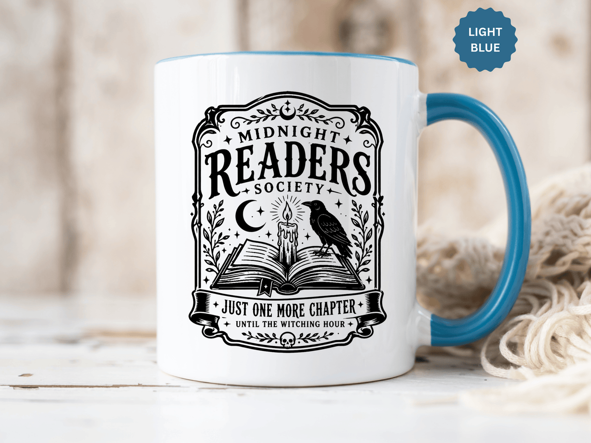 Midnight Readers Society Mug, Gothic Raven Book Black Accent Coffee Cup, Dark Academia Gift for Book Lover, Librarian or Night Reader