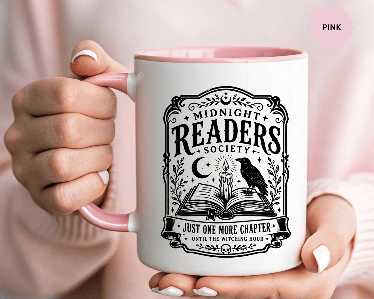 Midnight Readers Society Mug, Gothic Raven Book Black Accent Coffee Cup, Dark Academia Gift for Book Lover, Librarian or Night Reader
