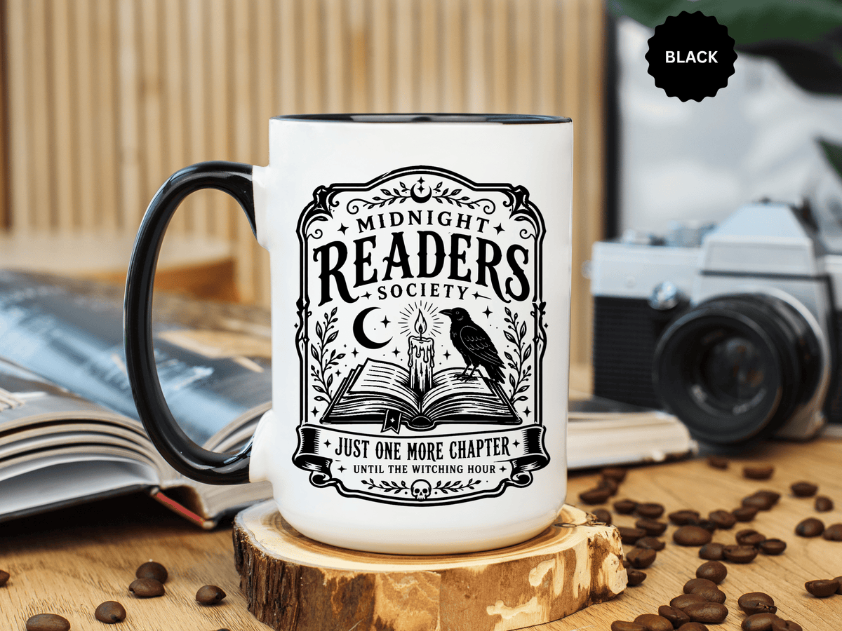 Midnight Readers Society Mug, Gothic Raven Book Black Accent Coffee Cup, Dark Academia Gift for Book Lover, Librarian or Night Reader