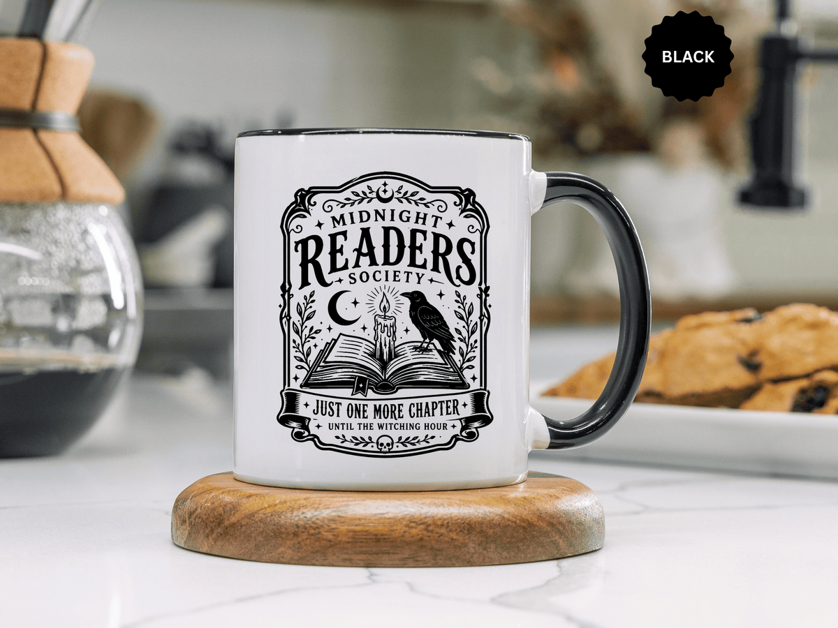 Midnight Readers Society Mug, Gothic Raven Book Black Accent Coffee Cup, Dark Academia Gift for Book Lover, Librarian or Night Reader