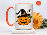 Cute Pumpkin Halloween Mug, Smiling Jack O Lantern Black Accent Coffee Cup, Cute Friendly Ghost Gift for Kids, Teachers or Fall Lovers