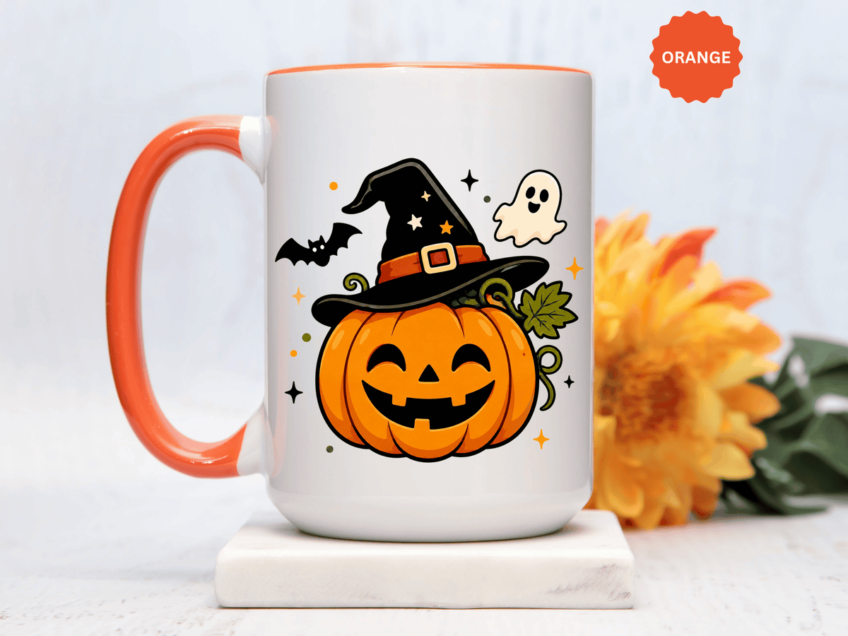 Cute Pumpkin Halloween Mug, Smiling Jack O Lantern Black Accent Coffee Cup, Cute Friendly Ghost Gift for Kids, Teachers or Fall Lovers