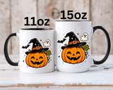 Cute Pumpkin Halloween Mug, Smiling Jack O Lantern Black Accent Coffee Cup, Cute Friendly Ghost Gift for Kids, Teachers or Fall Lovers