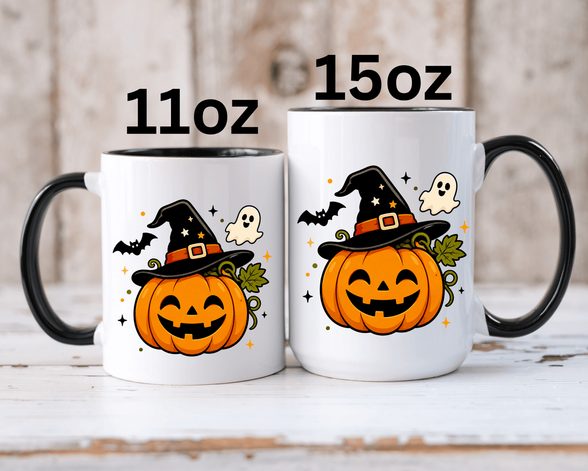 Cute Pumpkin Halloween Mug, Smiling Jack O Lantern Black Accent Coffee Cup, Cute Friendly Ghost Gift for Kids, Teachers or Fall Lovers