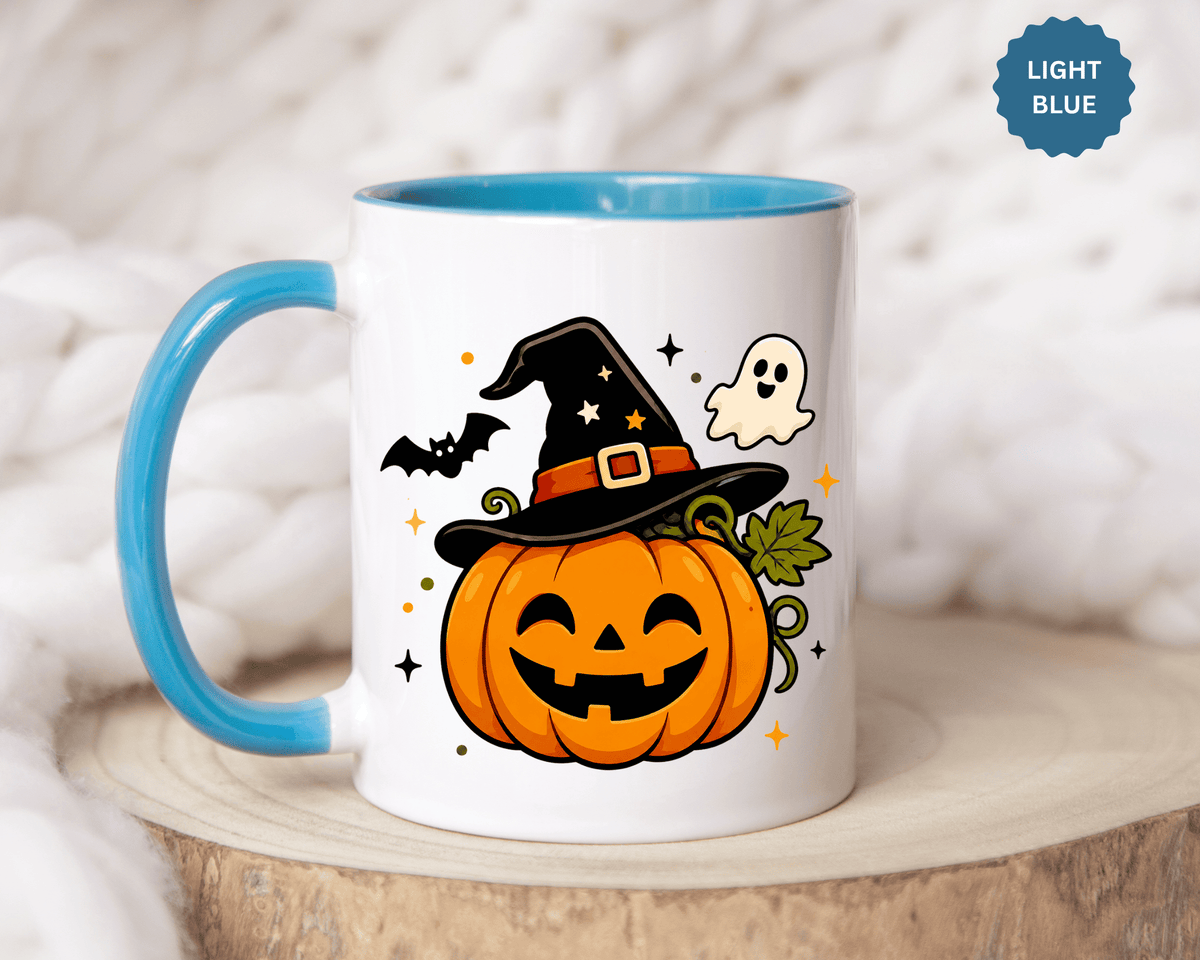 Cute Pumpkin Halloween Mug, Smiling Jack O Lantern Black Accent Coffee Cup, Cute Friendly Ghost Gift for Kids, Teachers or Fall Lovers