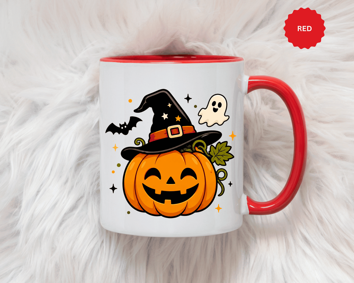 Cute Pumpkin Halloween Mug, Smiling Jack O Lantern Black Accent Coffee Cup, Cute Friendly Ghost Gift for Kids, Teachers or Fall Lovers