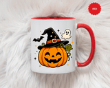 Cute Pumpkin Halloween Mug, Smiling Jack O Lantern Black Accent Coffee Cup, Cute Friendly Ghost Gift for Kids, Teachers or Fall Lovers