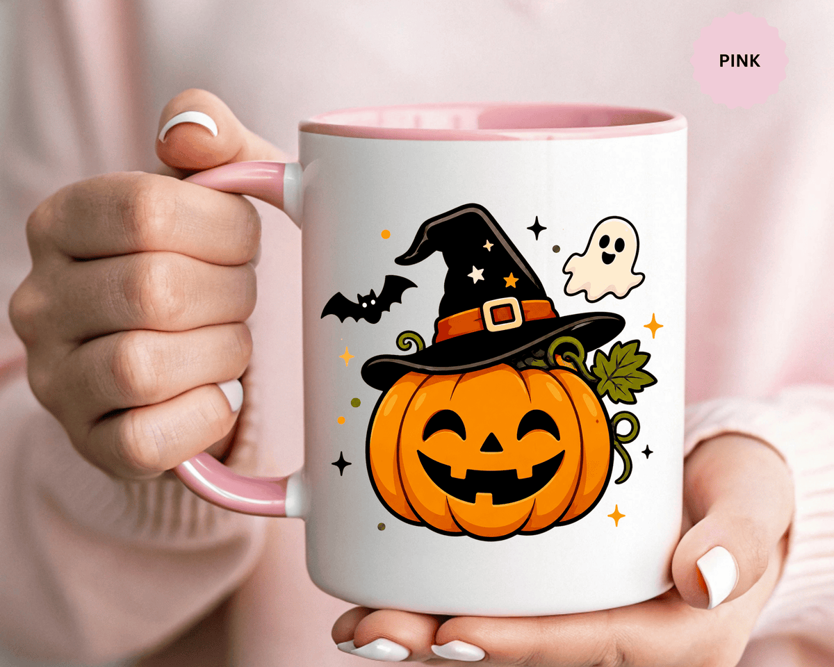 Cute Pumpkin Halloween Mug, Smiling Jack O Lantern Black Accent Coffee Cup, Cute Friendly Ghost Gift for Kids, Teachers or Fall Lovers
