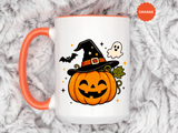 Cute Pumpkin Halloween Mug, Smiling Jack O Lantern Black Accent Coffee Cup, Cute Friendly Ghost Gift for Kids, Teachers or Fall Lovers