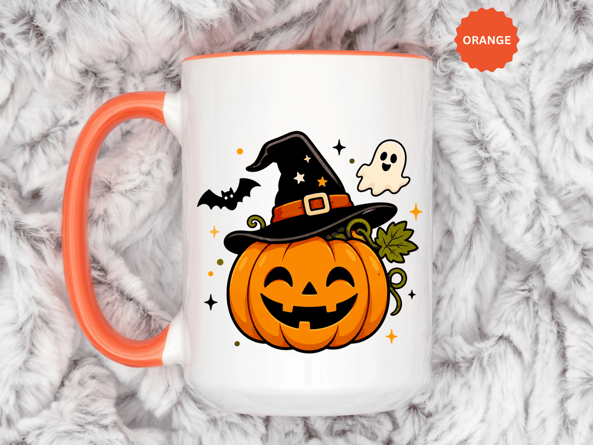 Cute Pumpkin Halloween Mug, Smiling Jack O Lantern Black Accent Coffee Cup, Cute Friendly Ghost Gift for Kids, Teachers or Fall Lovers