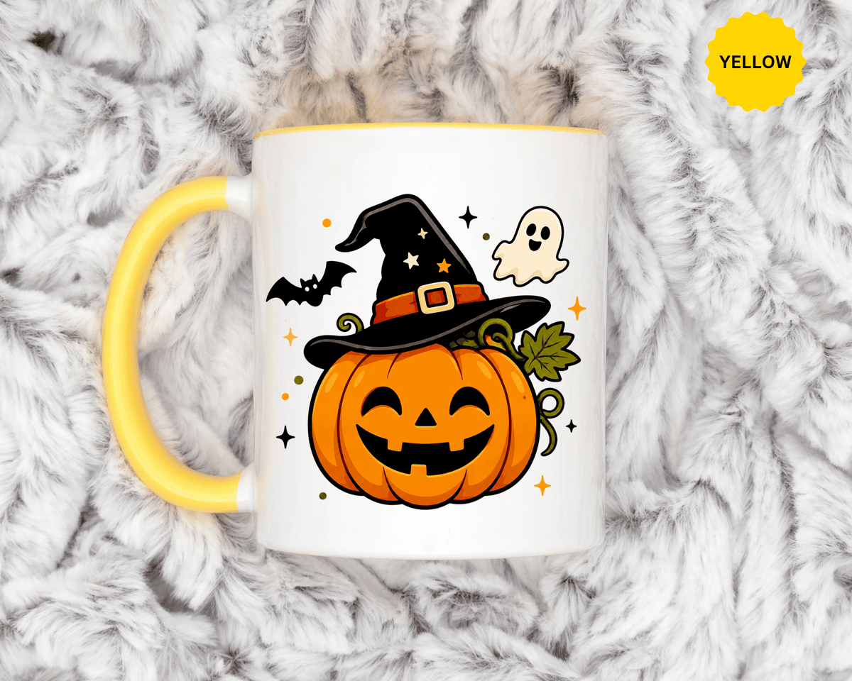 Cute Pumpkin Halloween Mug, Smiling Jack O Lantern Black Accent Coffee Cup, Cute Friendly Ghost Gift for Kids, Teachers or Fall Lovers