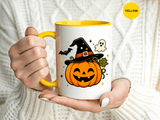 Cute Pumpkin Halloween Mug, Smiling Jack O Lantern Black Accent Coffee Cup, Cute Friendly Ghost Gift for Kids, Teachers or Fall Lovers