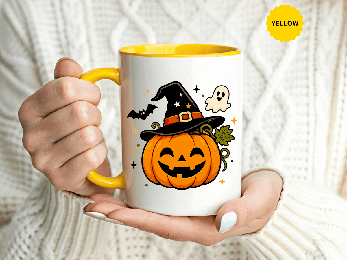 Cute Pumpkin Halloween Mug, Smiling Jack O Lantern Black Accent Coffee Cup, Cute Friendly Ghost Gift for Kids, Teachers or Fall Lovers