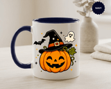 Cute Pumpkin Halloween Mug, Smiling Jack O Lantern Black Accent Coffee Cup, Cute Friendly Ghost Gift for Kids, Teachers or Fall Lovers