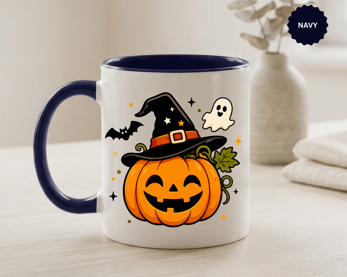 Cute Pumpkin Halloween Mug, Smiling Jack O Lantern Black Accent Coffee Cup, Cute Friendly Ghost Gift for Kids, Teachers or Fall Lovers