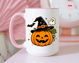 Cute Pumpkin Halloween Mug, Smiling Jack O Lantern Black Accent Coffee Cup, Cute Friendly Ghost Gift for Kids, Teachers or Fall Lovers