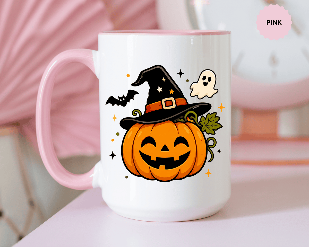 Cute Pumpkin Halloween Mug, Smiling Jack O Lantern Black Accent Coffee Cup, Cute Friendly Ghost Gift for Kids, Teachers or Fall Lovers