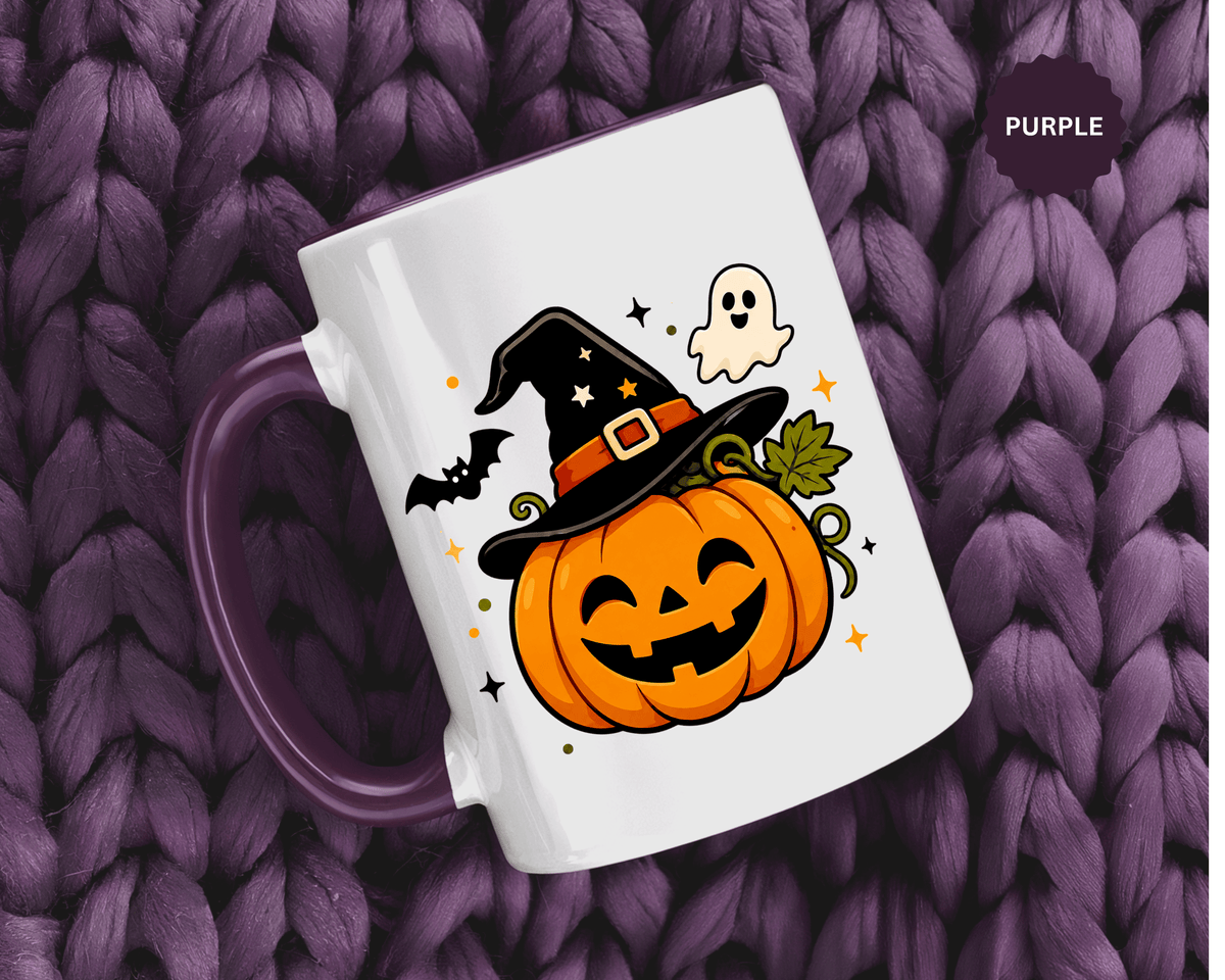 Cute Pumpkin Halloween Mug, Smiling Jack O Lantern Black Accent Coffee Cup, Cute Friendly Ghost Gift for Kids, Teachers or Fall Lovers