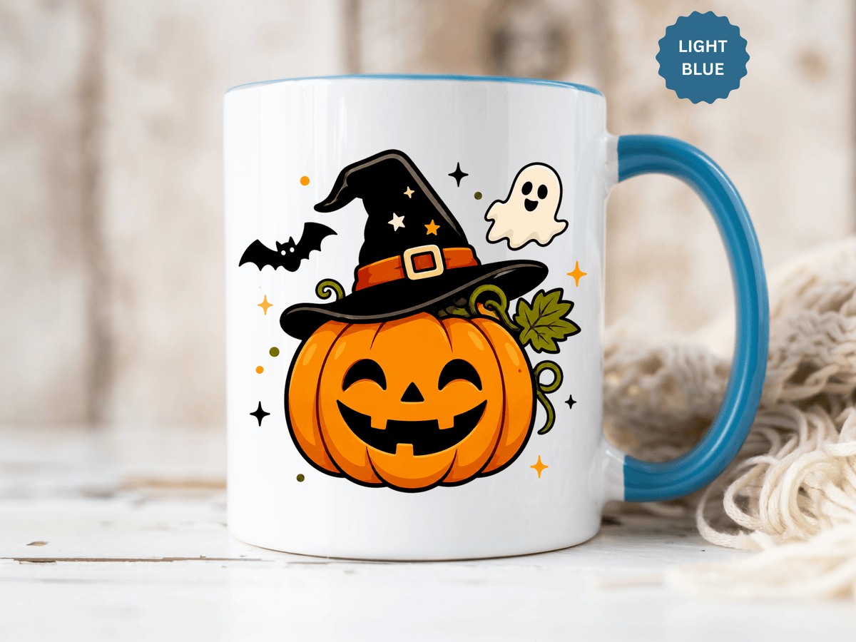Cute Pumpkin Halloween Mug, Smiling Jack O Lantern Black Accent Coffee Cup, Cute Friendly Ghost Gift for Kids, Teachers or Fall Lovers