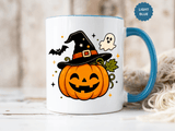 Cute Pumpkin Halloween Mug, Smiling Jack O Lantern Black Accent Coffee Cup, Cute Friendly Ghost Gift for Kids, Teachers or Fall Lovers