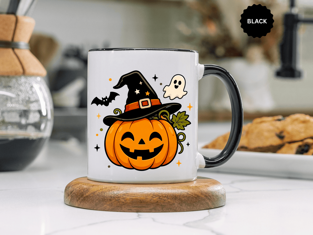 Cute Pumpkin Halloween Mug, Smiling Jack O Lantern Black Accent Coffee Cup, Cute Friendly Ghost Gift for Kids, Teachers or Fall Lovers
