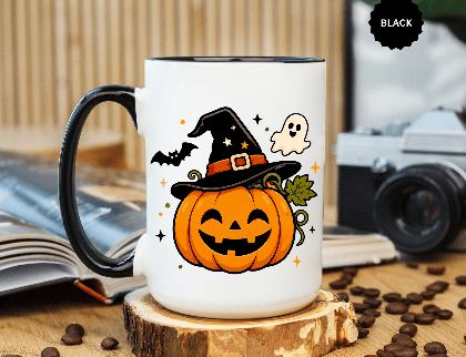 Cute Pumpkin Halloween Mug, Smiling Jack O Lantern Black Accent Coffee Cup, Cute Friendly Ghost Gift for Kids, Teachers or Fall Lovers
