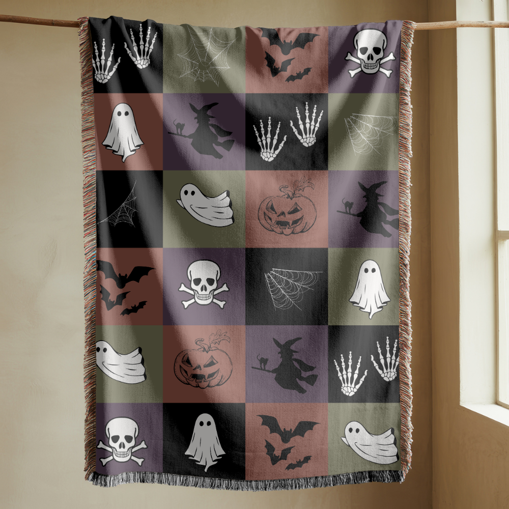 Spooky Halloween Woven Blanket, Ghost Bat Skull Checkerboard Throw, Gothic Fall Home Decor, Witch Lover Gift
