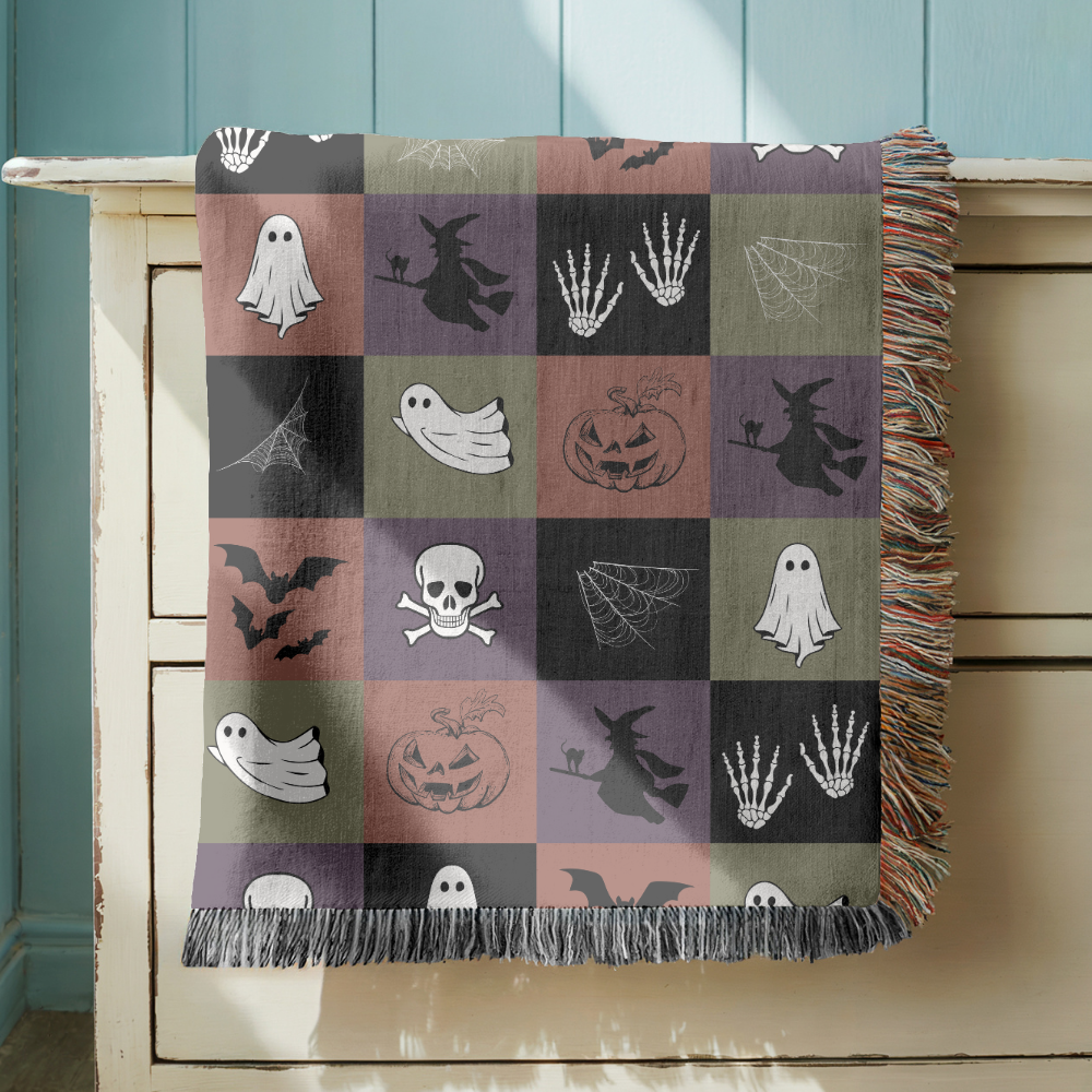 Spooky Halloween Woven Blanket, Ghost Bat Skull Checkerboard Throw, Gothic Fall Home Decor, Witch Lover Gift