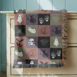 Spooky Halloween Woven Blanket, Ghost Bat Skull Checkerboard Throw, Gothic Fall Home Decor, Witch Lover Gift