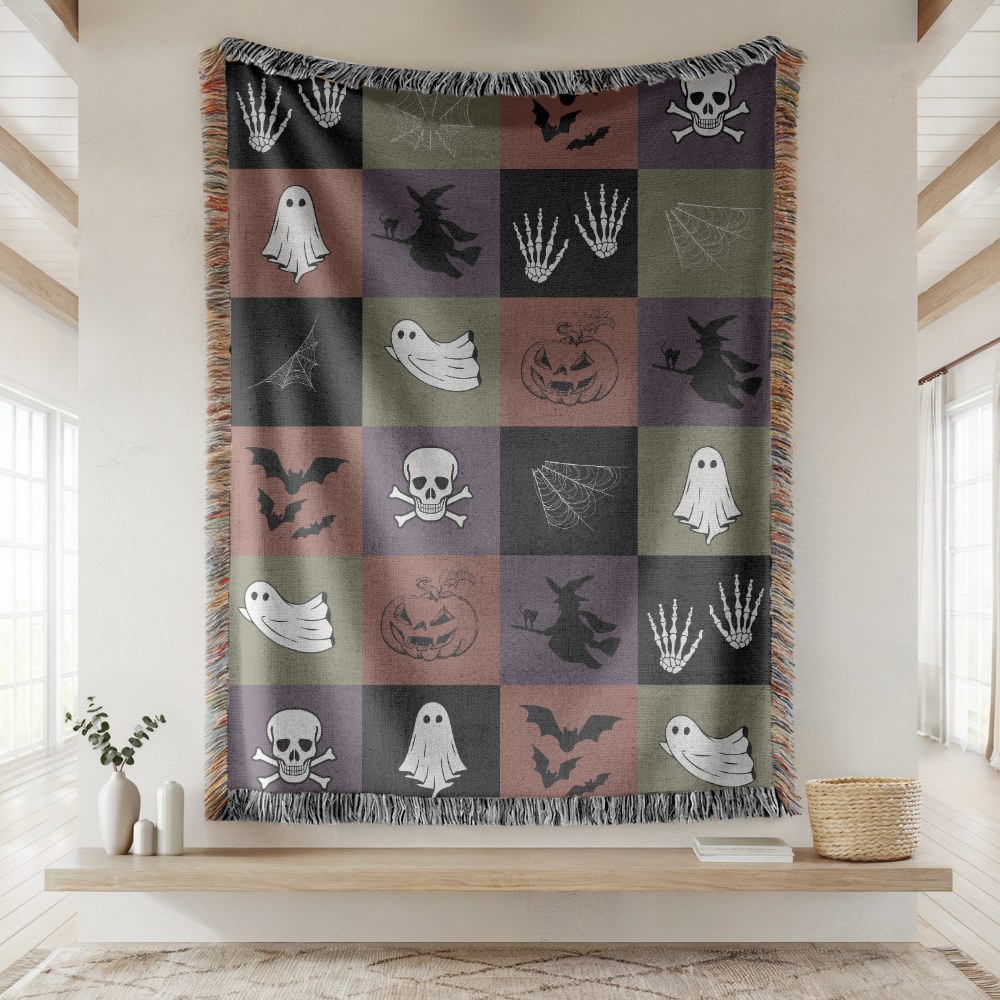 Spooky Halloween Woven Blanket, Ghost Bat Skull Checkerboard Throw, Gothic Fall Home Decor, Witch Lover Gift