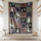 Spooky Halloween Woven Blanket, Ghost Bat Skull Checkerboard Throw, Gothic Fall Home Decor, Witch Lover Gift