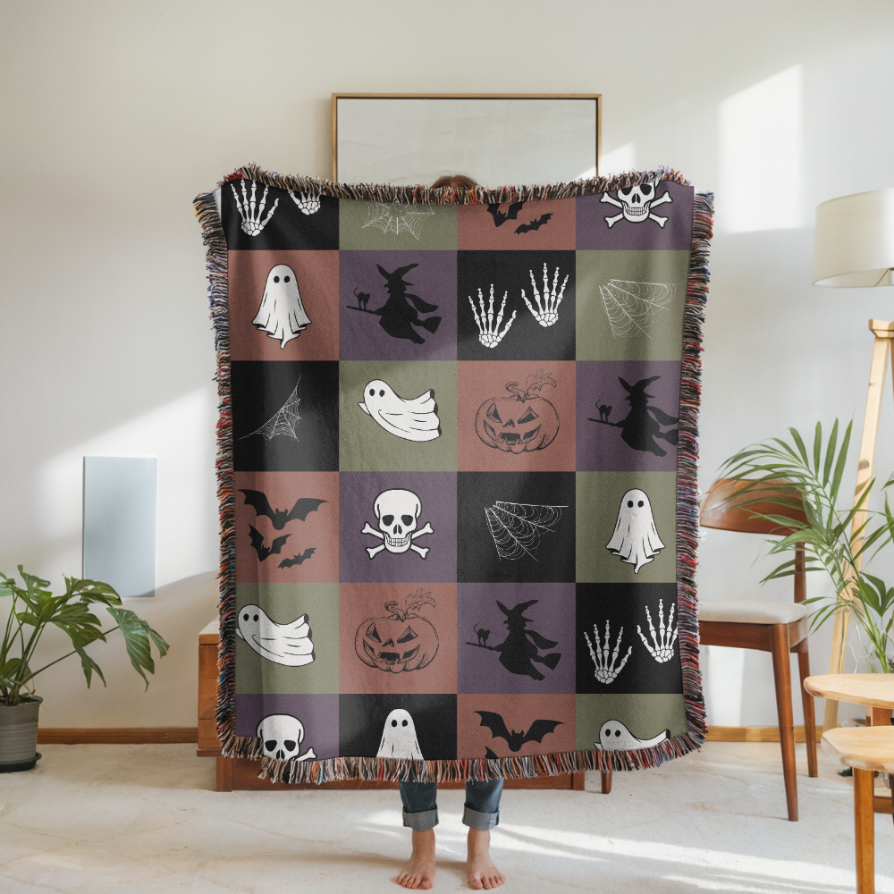 Spooky Halloween Woven Blanket, Ghost Bat Skull Checkerboard Throw, Gothic Fall Home Decor, Witch Lover Gift