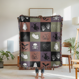Spooky Halloween Woven Blanket, Ghost Bat Skull Checkerboard Throw, Gothic Fall Home Decor, Witch Lover Gift