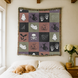 Spooky Halloween Woven Blanket, Ghost Bat Skull Checkerboard Throw, Gothic Fall Home Decor, Witch Lover Gift