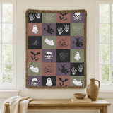 Spooky Halloween Woven Blanket, Ghost Bat Skull Checkerboard Throw, Gothic Fall Home Decor, Witch Lover Gift
