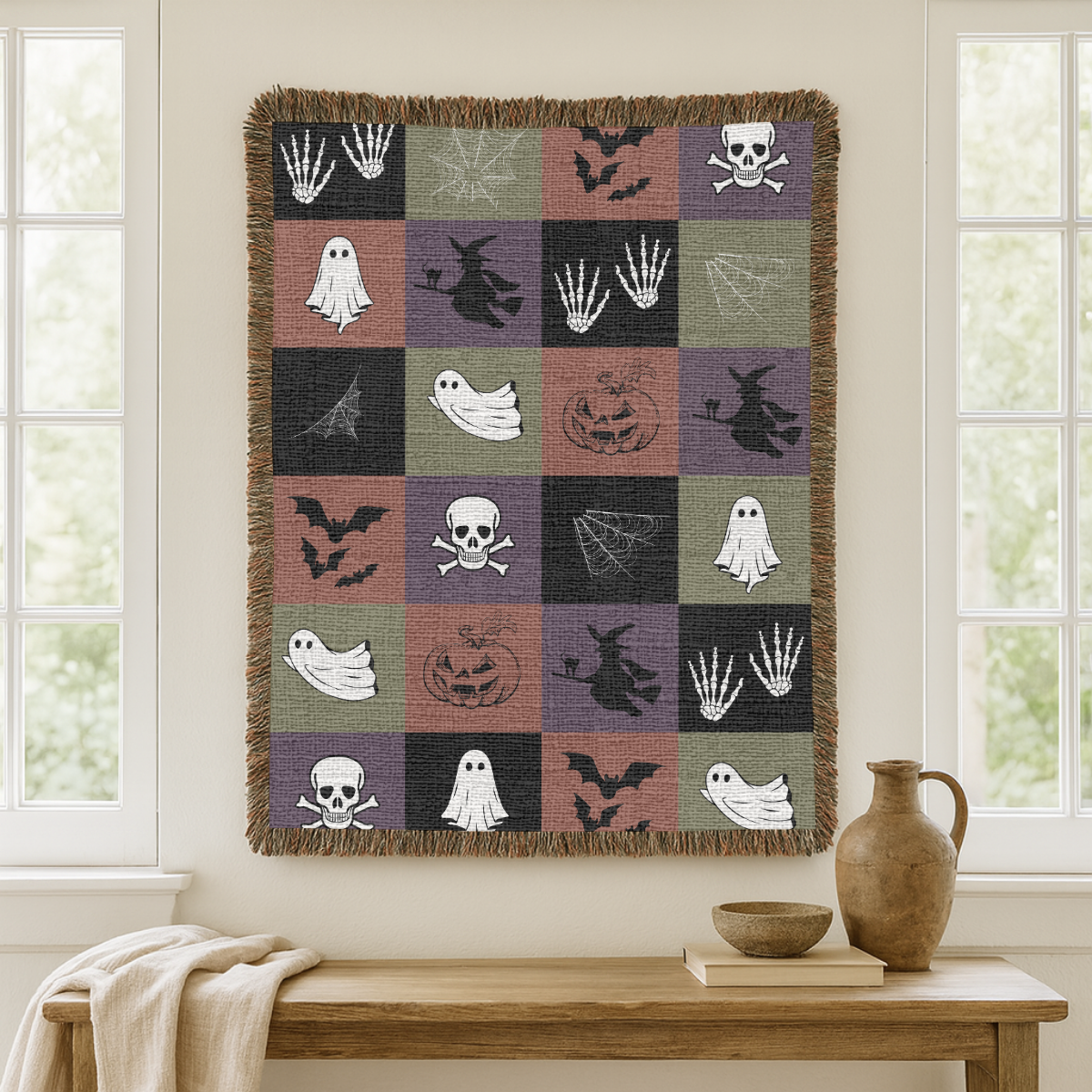 Spooky Halloween Woven Blanket, Ghost Bat Skull Checkerboard Throw, Gothic Fall Home Decor, Witch Lover Gift