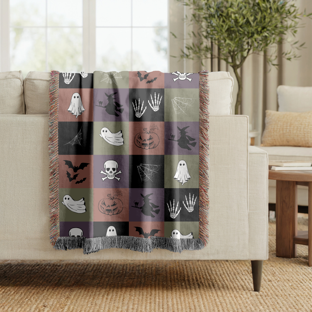 Spooky Halloween Woven Blanket, Ghost Bat Skull Checkerboard Throw, Gothic Fall Home Decor, Witch Lover Gift