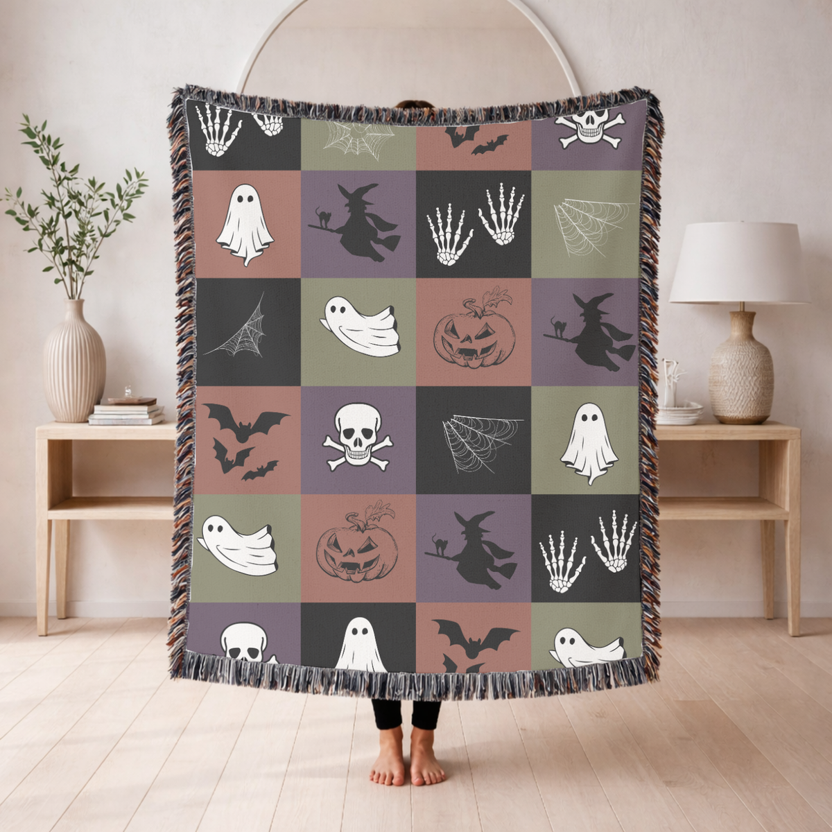 Spooky Halloween Woven Blanket, Ghost Bat Skull Checkerboard Throw, Gothic Fall Home Decor, Witch Lover Gift