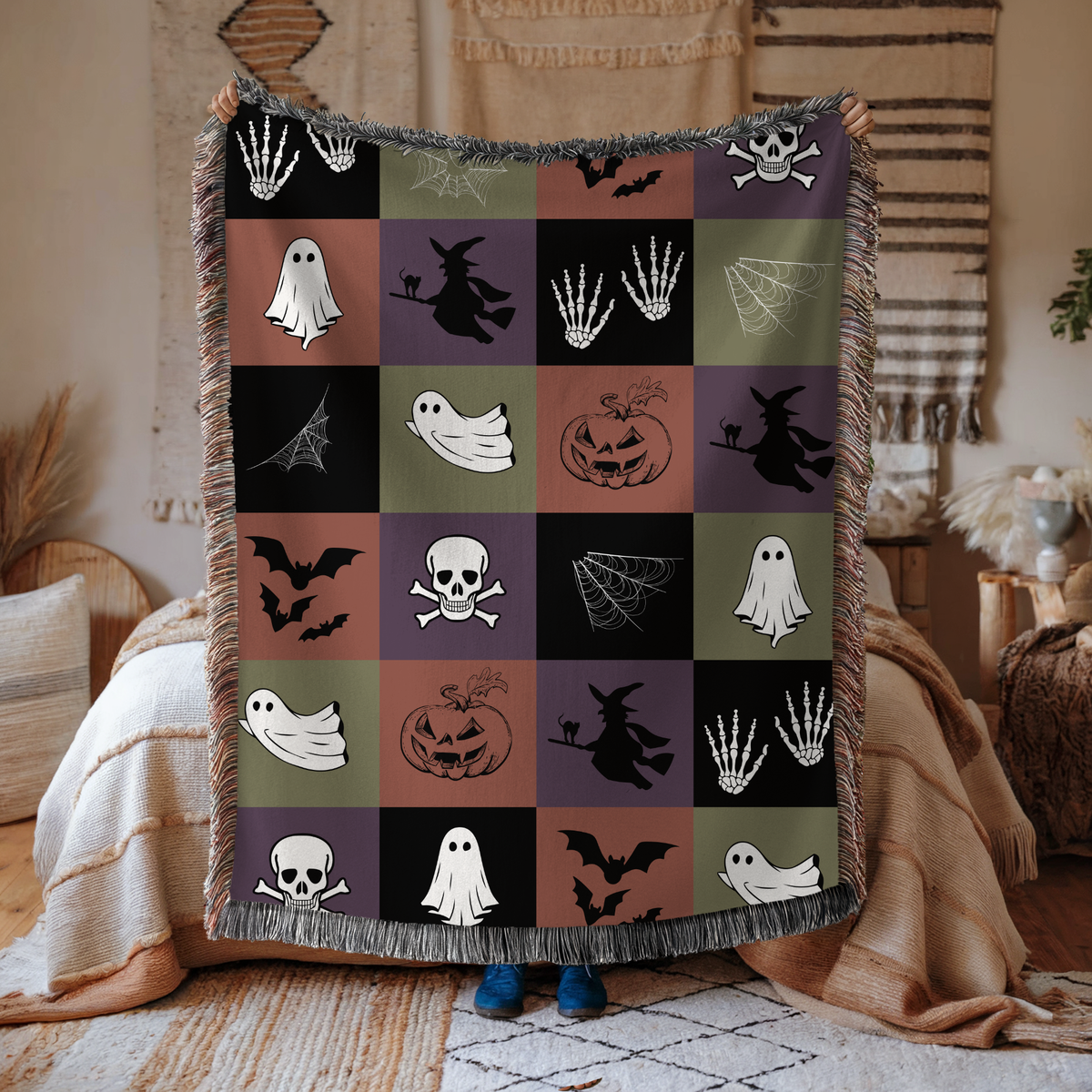 Spooky Halloween Woven Blanket, Ghost Bat Skull Checkerboard Throw, Gothic Fall Home Decor, Witch Lover Gift