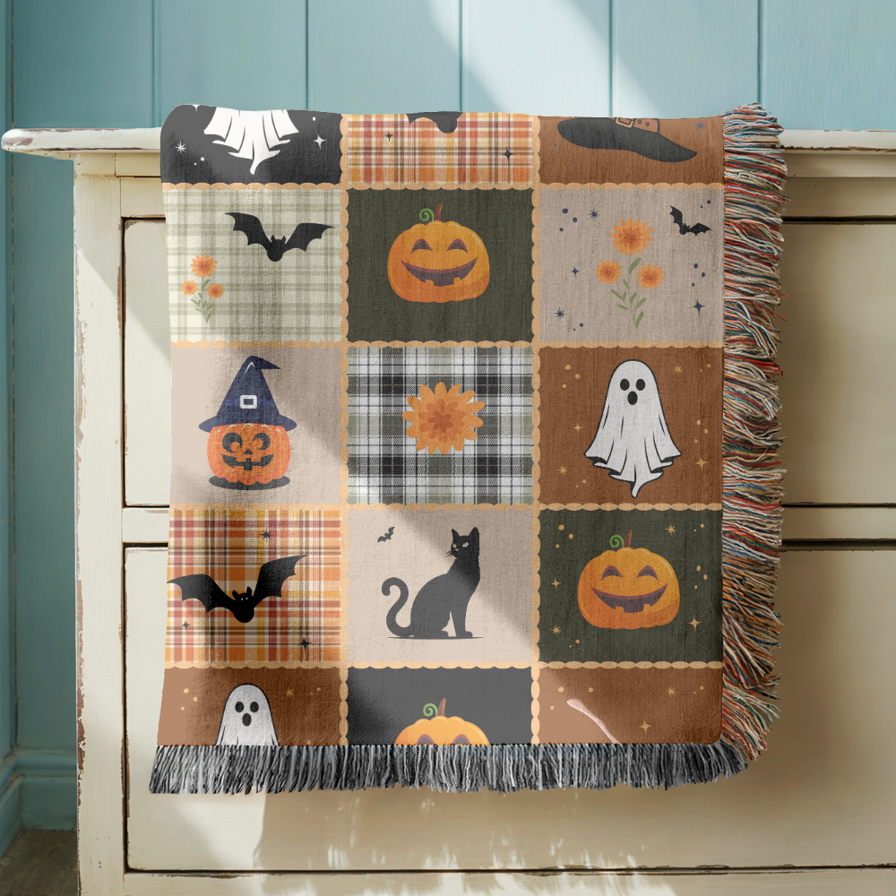 Halloween Quilt Style Woven Blanket, Haunted House Ghost Witch Throw, Black Cat Pumpkin Fall Decor, Trick or Treat Cozy Gift Home