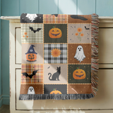 Halloween Quilt Style Woven Blanket, Haunted House Ghost Witch Throw, Black Cat Pumpkin Fall Decor, Trick or Treat Cozy Gift Home