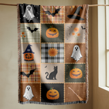 Halloween Quilt Style Woven Blanket, Haunted House Ghost Witch Throw, Black Cat Pumpkin Fall Decor, Trick or Treat Cozy Gift Home