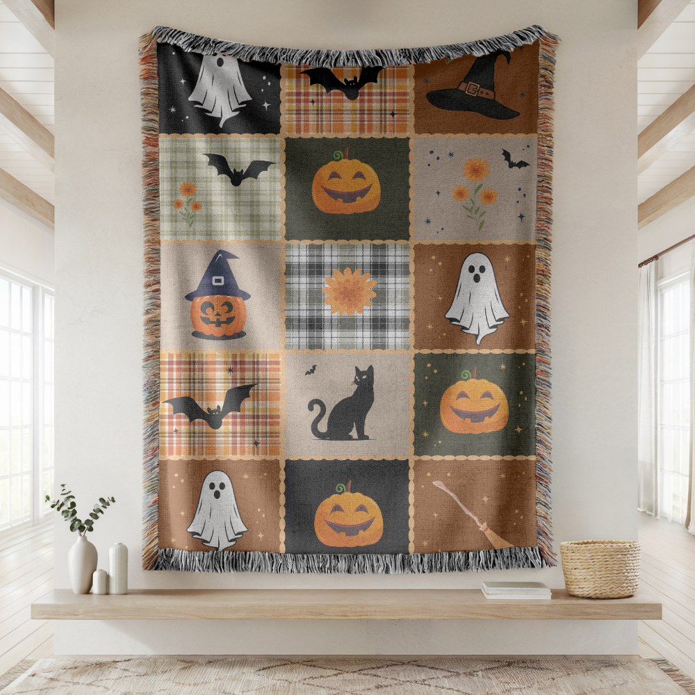 Halloween Quilt Style Woven Blanket, Haunted House Ghost Witch Throw, Black Cat Pumpkin Fall Decor, Trick or Treat Cozy Gift Home