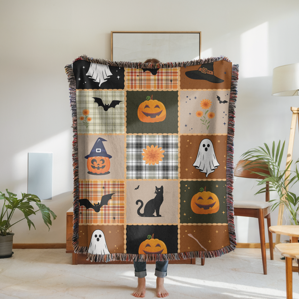 Halloween Quilt Style Woven Blanket, Haunted House Ghost Witch Throw, Black Cat Pumpkin Fall Decor, Trick or Treat Cozy Gift Home