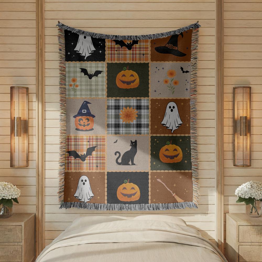 Halloween Quilt Style Woven Blanket, Haunted House Ghost Witch Throw, Black Cat Pumpkin Fall Decor, Trick or Treat Cozy Gift Home