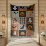Halloween Quilt Style Woven Blanket, Haunted House Ghost Witch Throw, Black Cat Pumpkin Fall Decor, Trick or Treat Cozy Gift Home